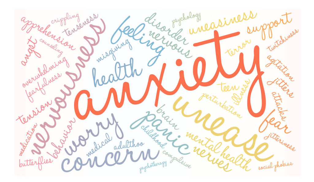 Word cloud of anxiety related words in rainbow colors. Representing the feelings and thoughts that can come up when in anxiety therapy in Brooklyn, New York. An anxiety therapist can use CBT to help you address these concerns.