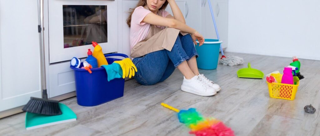 An anxious woman surrounded by colorful cleaning supplies. Representing someone with OCD who could use anxiety therapy in Manhattan or Brooklyn, New York. She might also benefit from treatment for social anxiety with therapist.