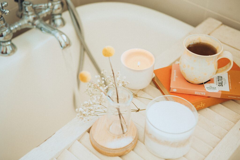 A soothing bath with a cup of tea can help you reengage with your emotions and those around you. 