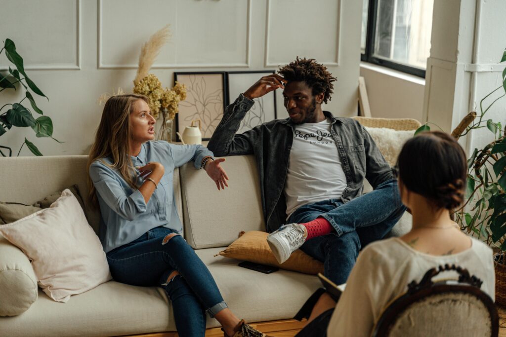 Couple talking in couples therapy.