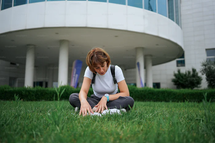 Female student sitting on grass alone reading doing work.
