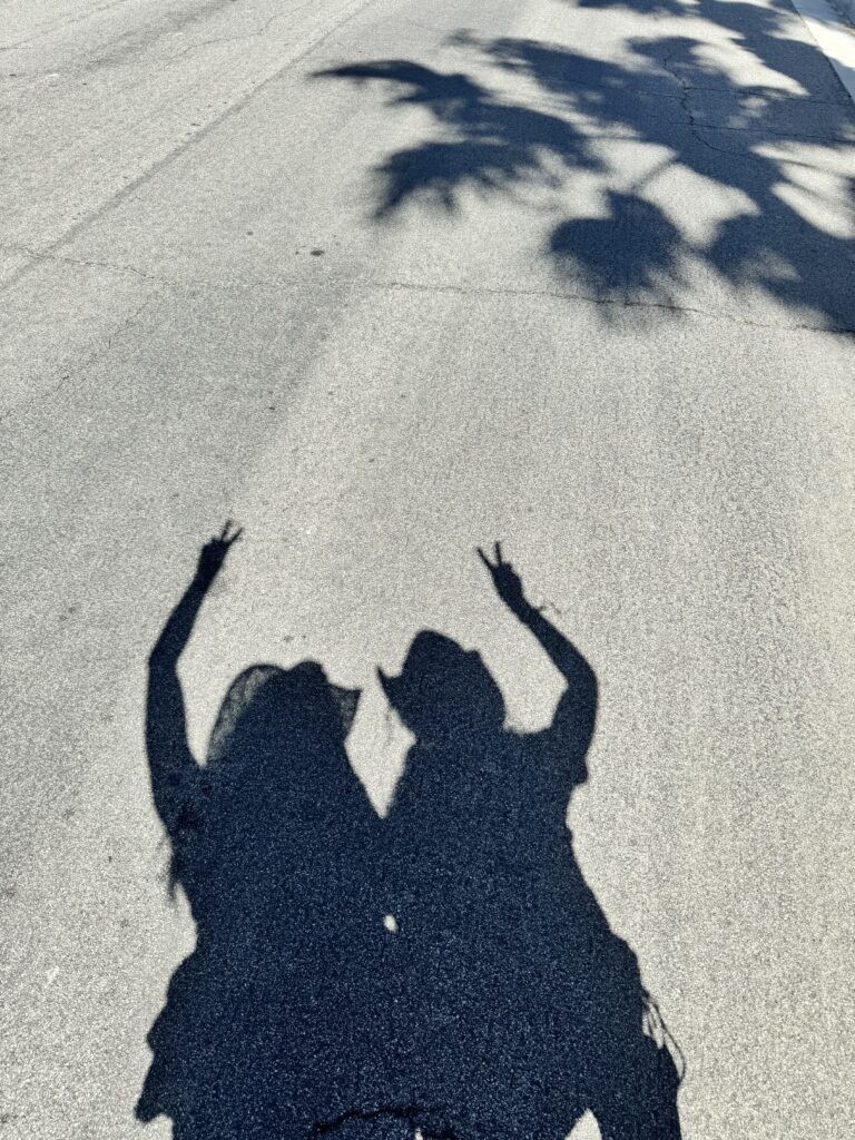 Two shadows in the ground making peace signs.