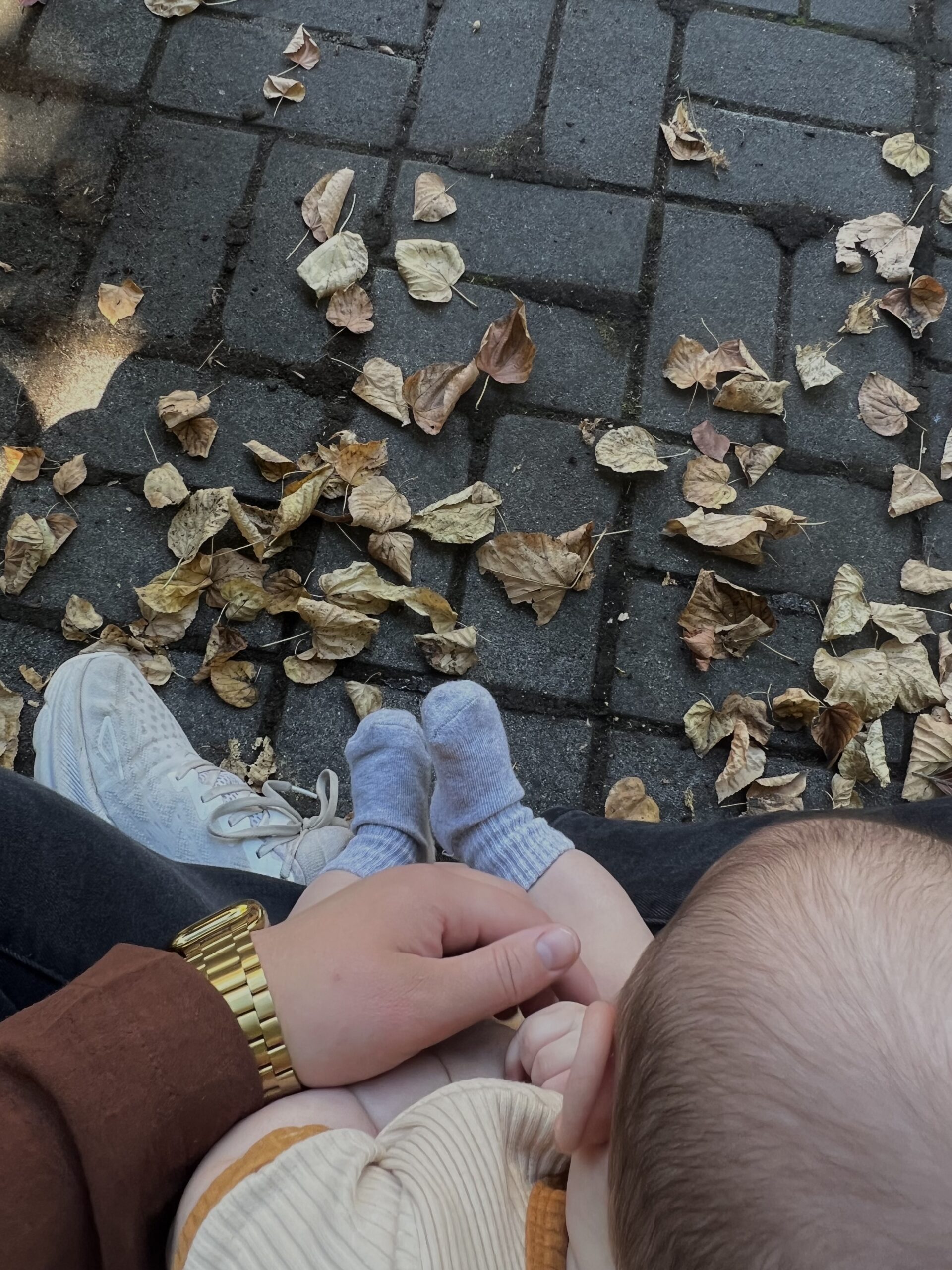 Mom with newborn child outside in leaves.