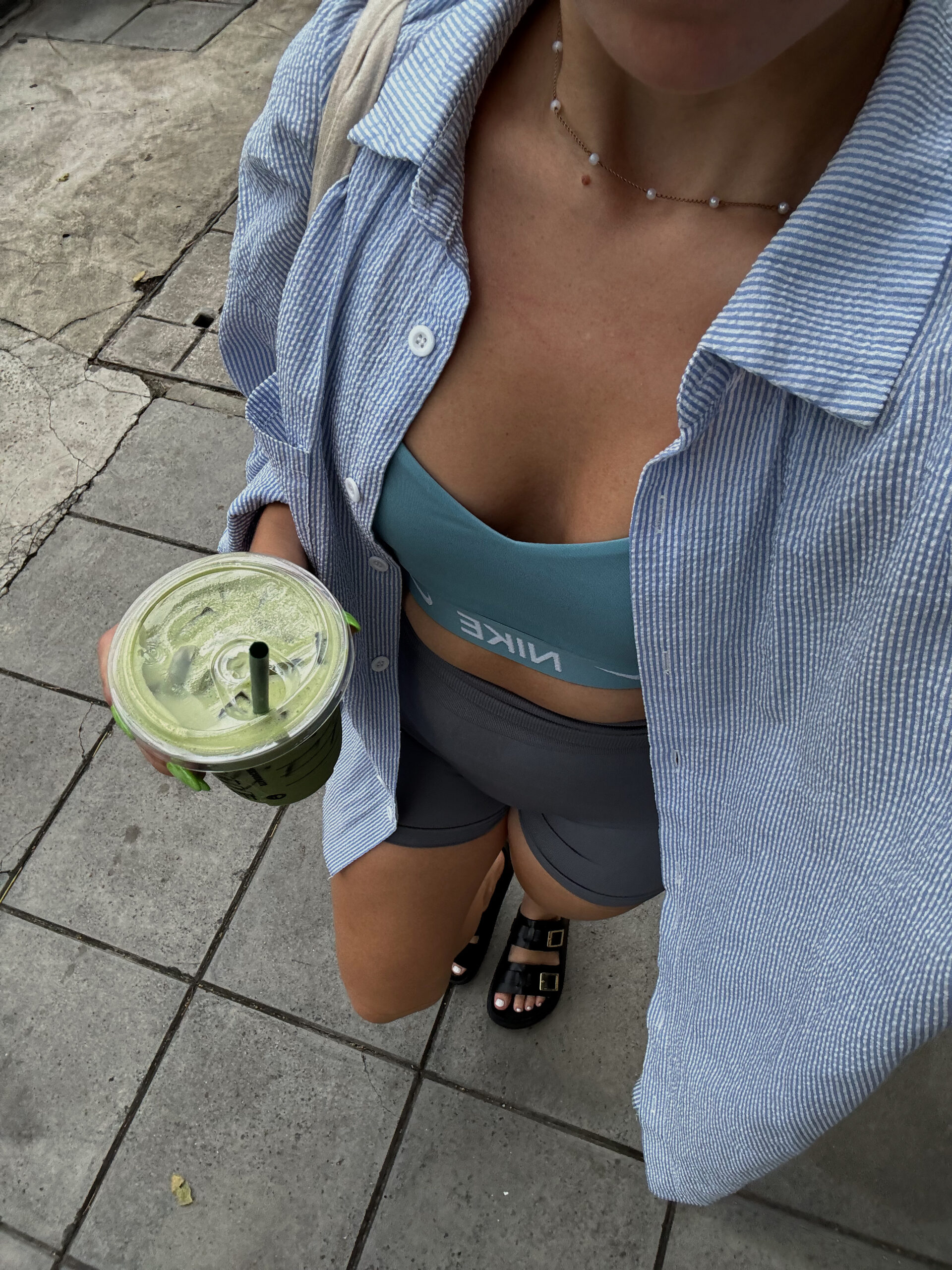 Woman walking holding matching