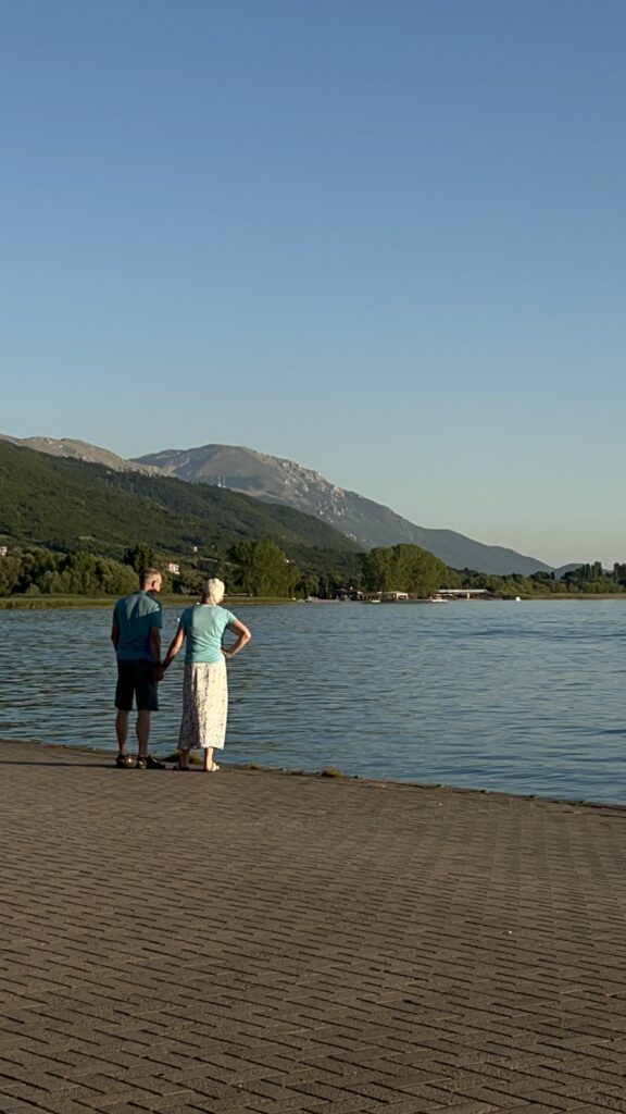Couple holding hands looking out at the water.