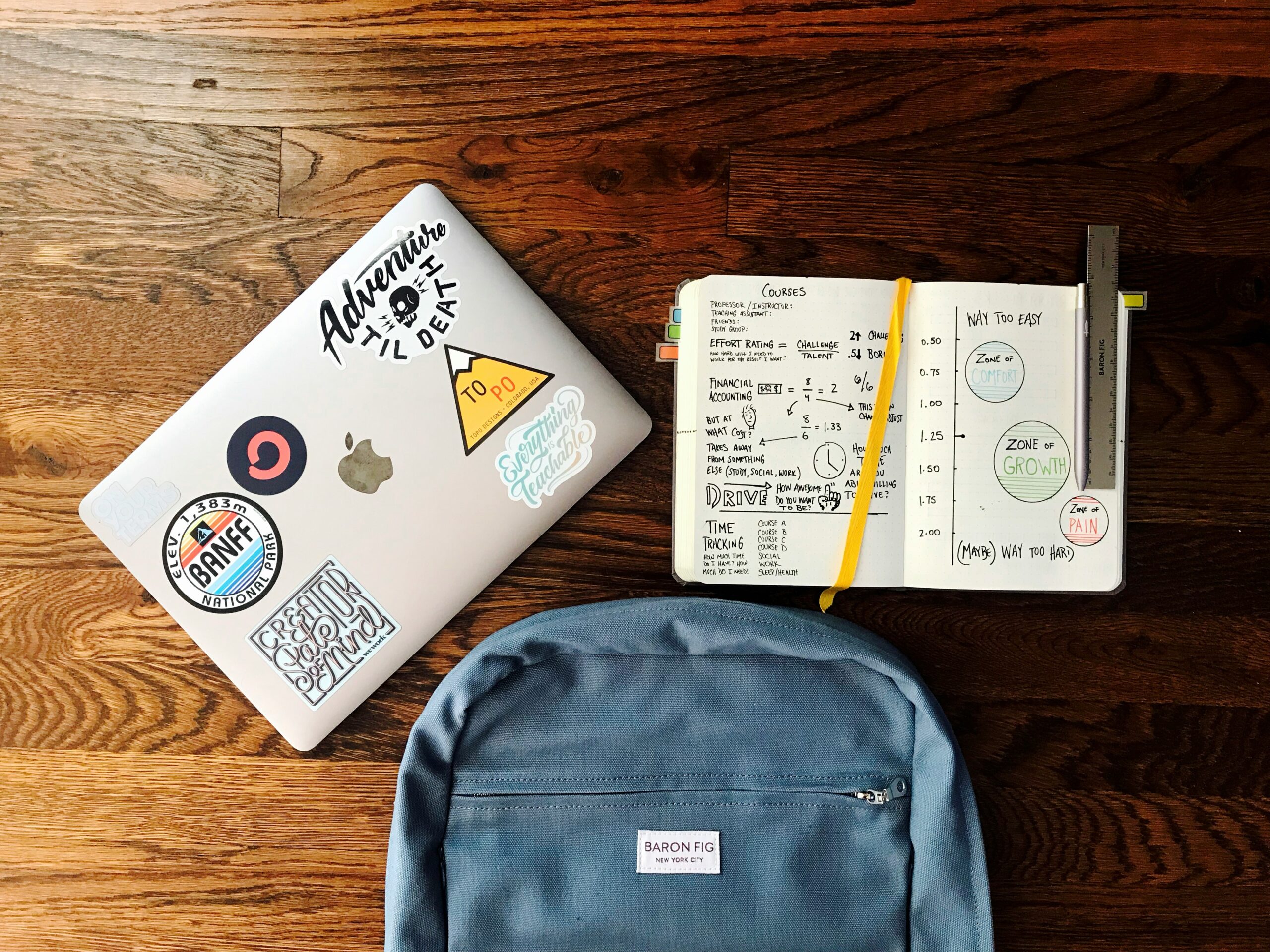 backpack, notebook, and laptop on a table