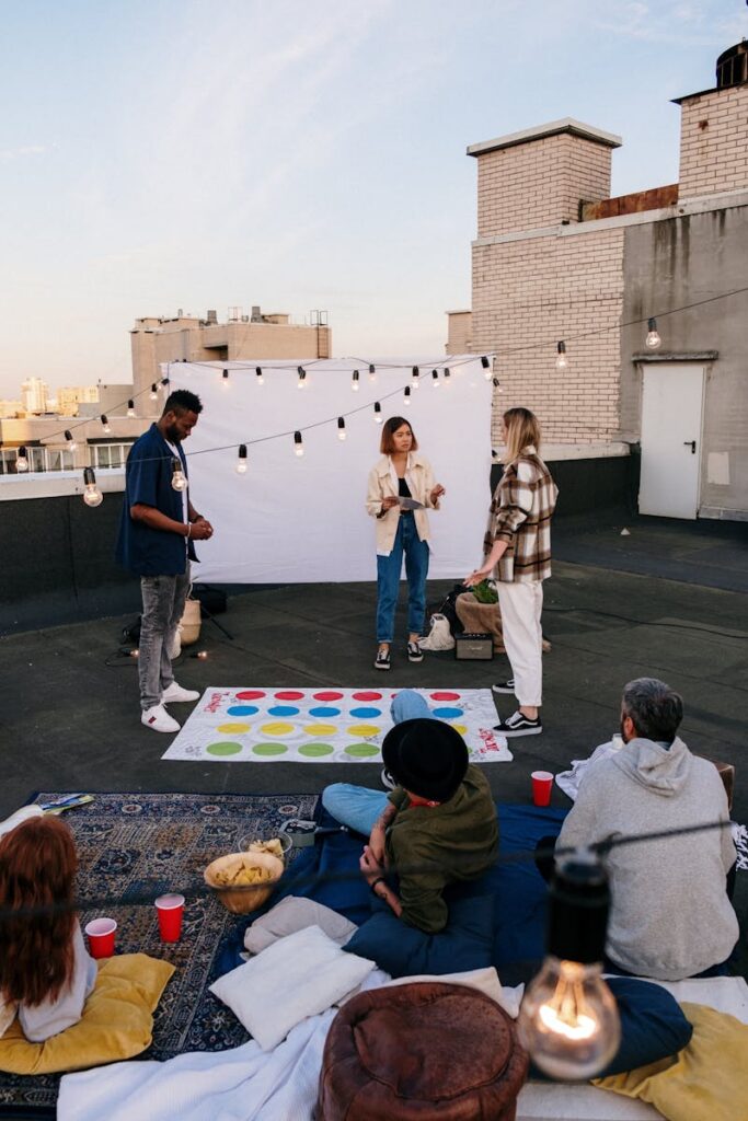 Friends having a game night on rooftop at Manhattan to celebrate Valentine's Day together