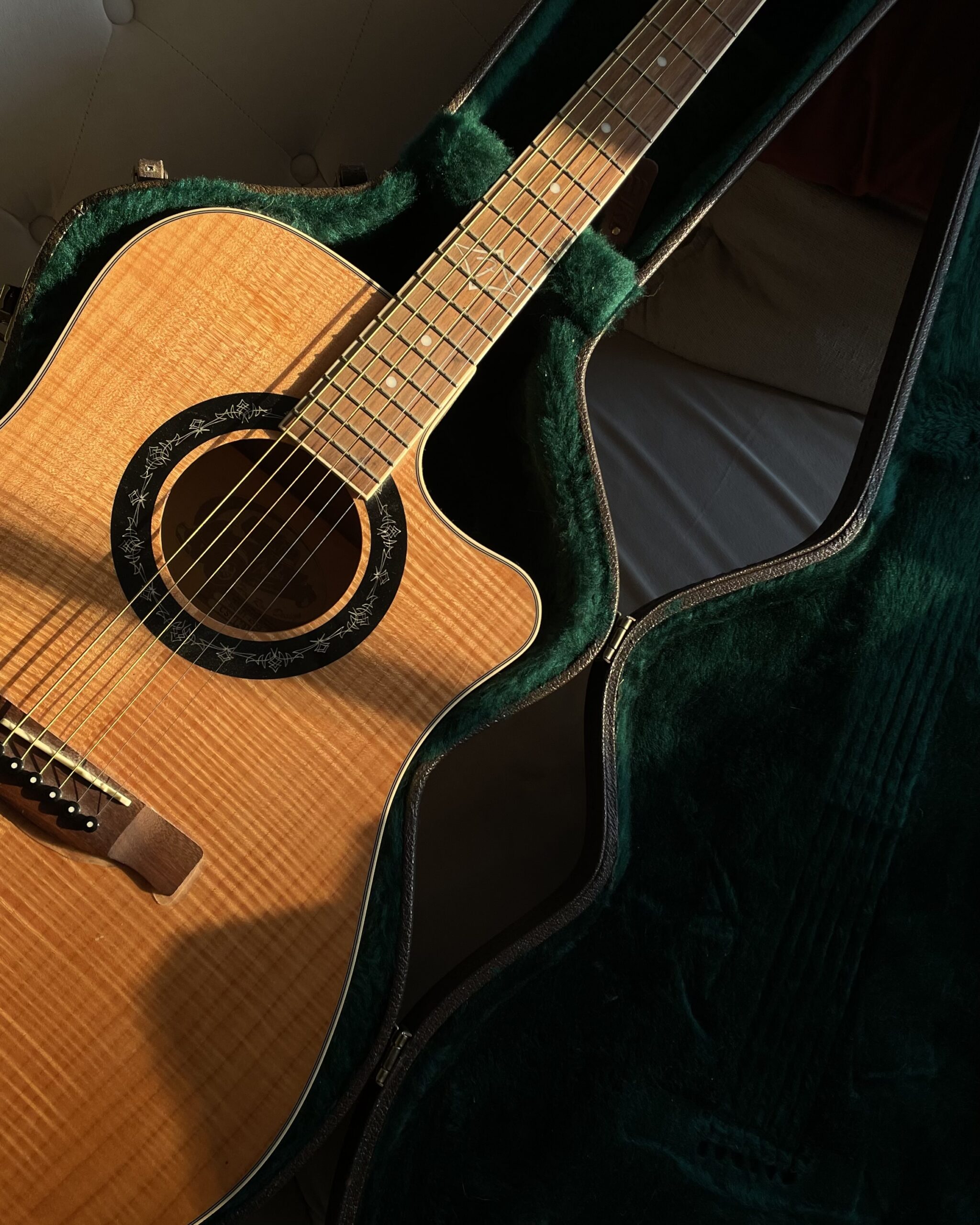 A guitar inside its case on the floor in Manhattan
