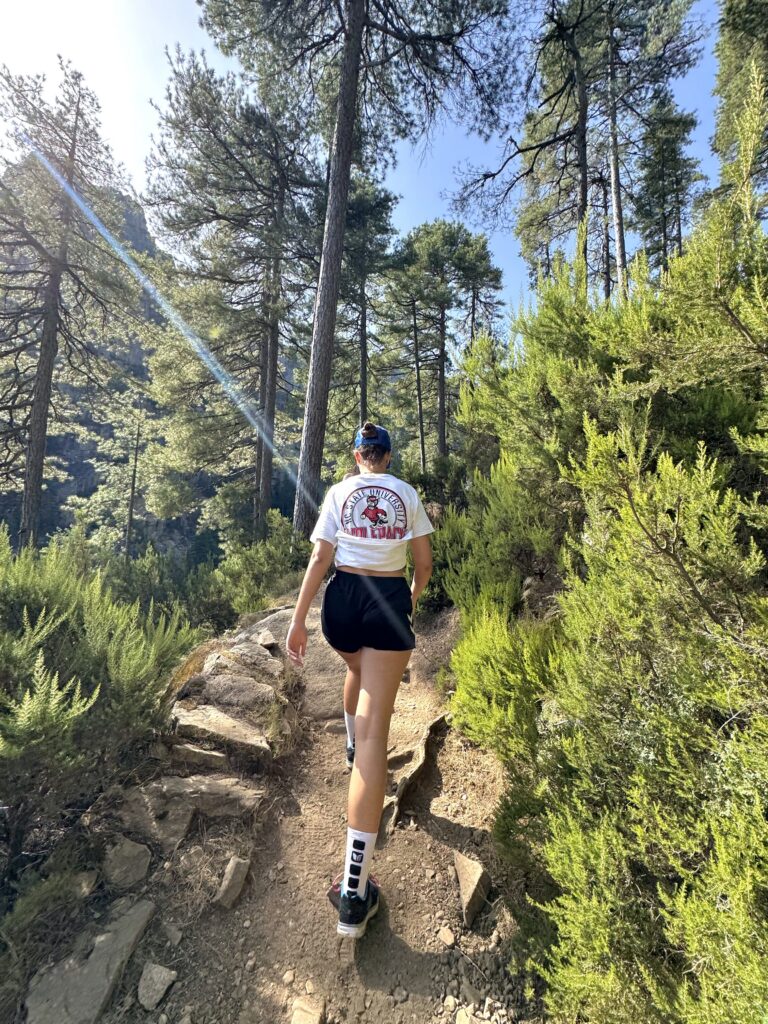 Woman hiking the nonlinear trail ahead of her at Brooklyn