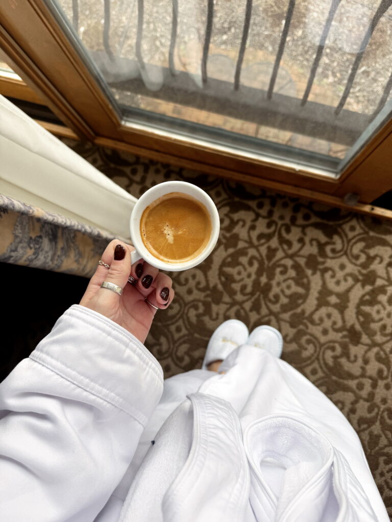 Woman enjoying her coffee on a summer morning at Brooklyn
